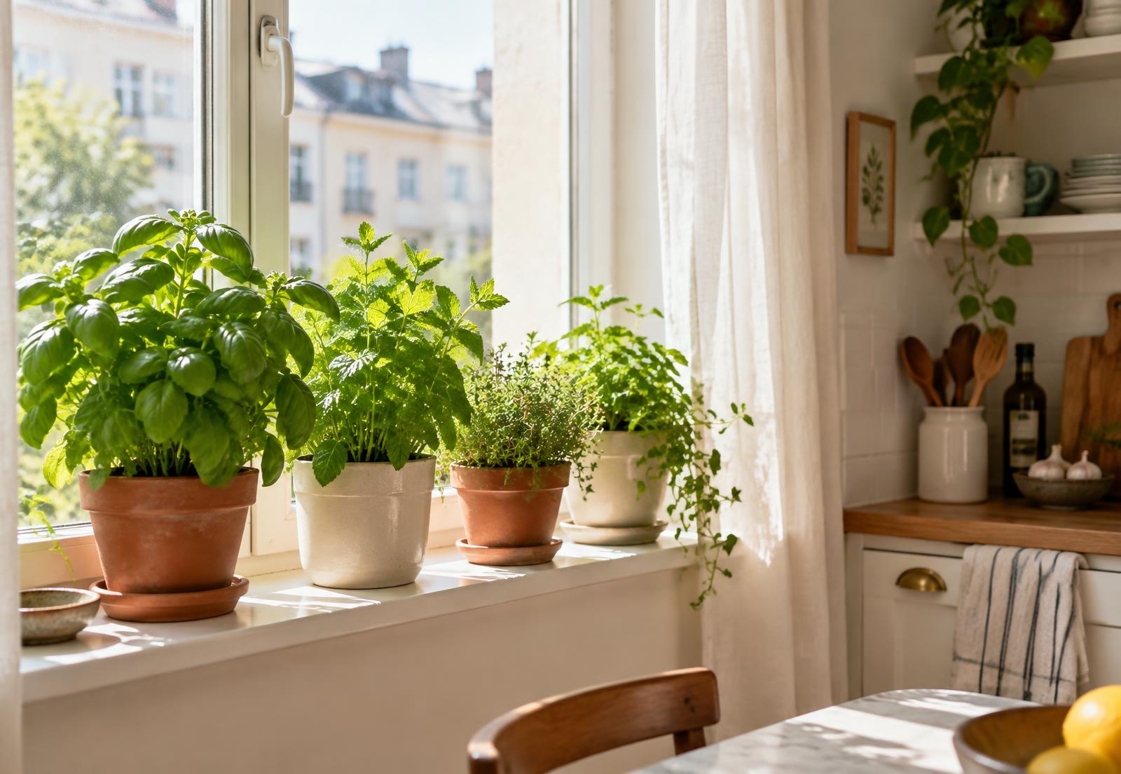 A sunny windowsill herb garden with basil, mint and small potted vegetables